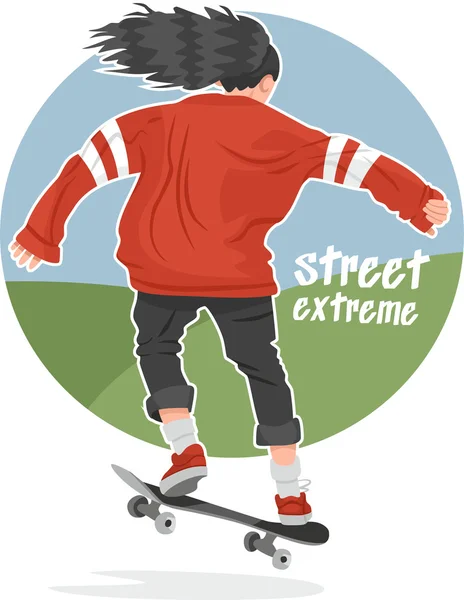 Skater chica en sudadera con capucha de nuevo en un monopatín — Vector de stock