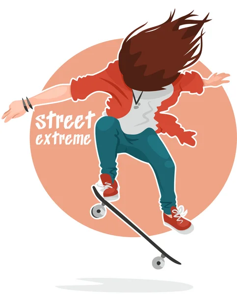 Street extreme girl with skateboard performs a trick — Stock Vector