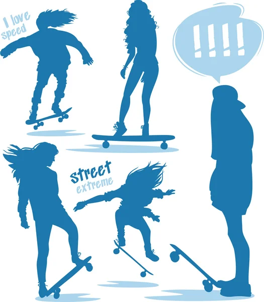 Niñas skaters siluetas azul conjunto — Vector de stock