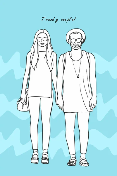 Hipsters de moda pareja tomados de la mano en azul — Archivo Imágenes Vectoriales