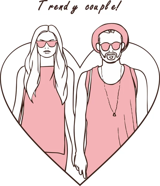 Hipsters de moda pareja tomados de la mano en un corazón — Vector de stock