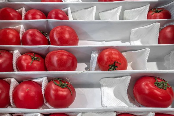 Frische Saftige Tomaten Einer Kiste Auf Dem Markt — Stockfoto