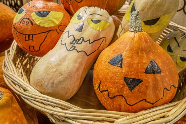 Hasır sepetin içinde olgun, cadılar bayramı kabakları