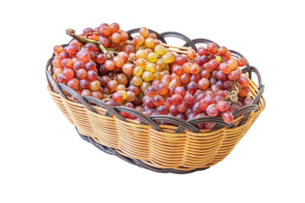 Ripe Juicy Grapes Wicker Basket Isolated White — Stock Photo, Image