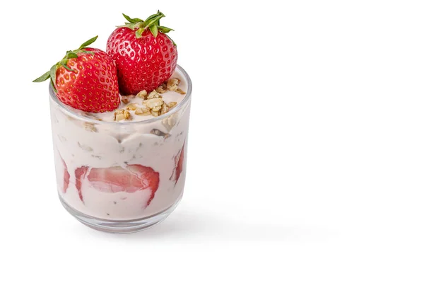 Homemade Delicious Layered Dessert Yogurt Muesli Strawberries Isolated White — Stock Photo, Image