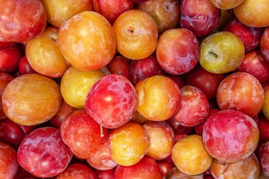 meyve arkaplanı marketin tezgahında tatlı sulu erikler