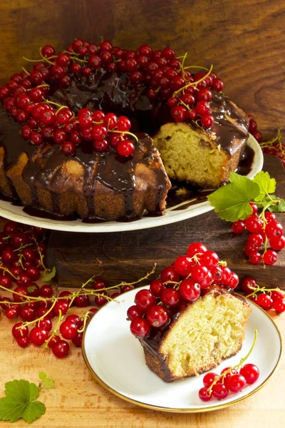 Delicioso pastel de anillo con chocolate y grosellas rojas —  Fotos de Stock