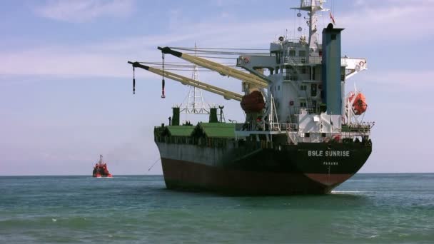 Dopo una tempesta nella zona di Valencia, la nave da carico generale "BSLE SUNRISE" si è arenata nella spiaggia di El Saler, in Spagna . — Video Stock