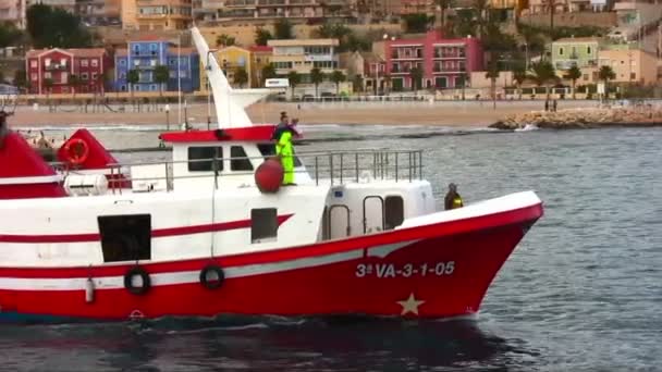 Bateaux de pêche chalutier entrant dans le port — Video