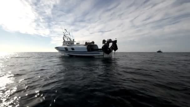 Barcos de pesca se detuvo en aguas abiertas — Vídeo de stock