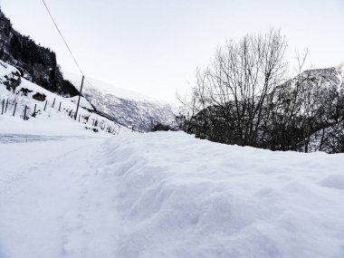 Framfjorden, Vestland, Vik, Norveç 'in kış manzarasında karla kaplı yol.