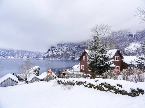 마을에서 피오르드로 아름다운 목가적 피오르덴 노르웨이 — 스톡 사진