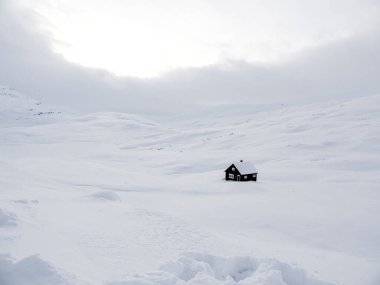 Norveç 'in beyaz kış manzarasında karla kaplı ıssız bir kulübede..