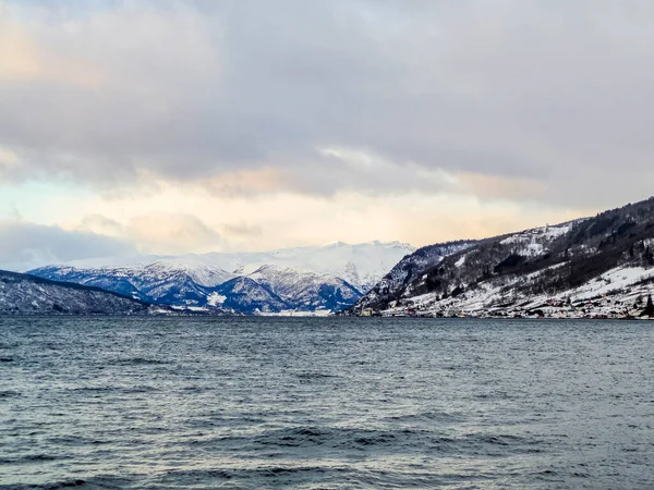 Зимний Пейзаж Утреннее Время Согне Фьорде Вестленде Норвегия — стоковое фото