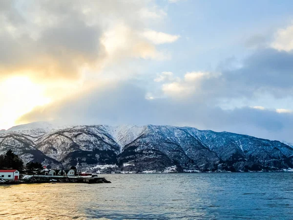 Zimowy Krajobraz Poranek Sognefjord Vestland Norwegia — Zdjęcie stockowe