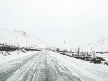 Norveç 'te kar fırtınası, kara buz ve karlı beyaz yol ve arazide yol alırken.