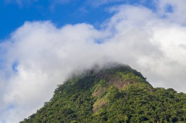 Abrao dağı Pico do Papagaio ile bulutlar. Ilha Grande, Angra dos Reis, Rio de Janeiro Brezilya.