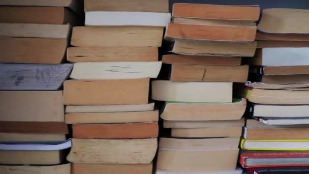 Old Yellowed Books Stacked Shelf Bookcase Library — Stockvideo