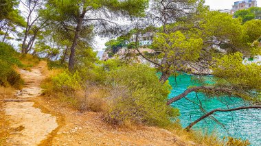 İspanya 'nın Mallorca Balear Adalarındaki Cala Santany Körfezi uçurumları ve plajları.