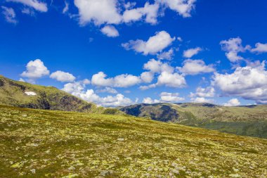 Norveç 'in Vang i Valdres kentindeki dağın zirvesinde kaya parçalarıyla inanılmaz bir Norveç manzarası..
