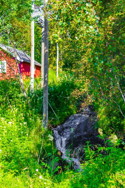 Montañas Granjas Rojas Prados Verdes Bosque Fluvial Paisaje Naturaleza Noruega — Foto de Stock