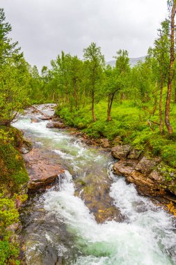 Utladalen Norveç 'teki güzel turkuaz nehri ve şelale Vettisfossen Norveç' in en güzel Norveç manzaraları.