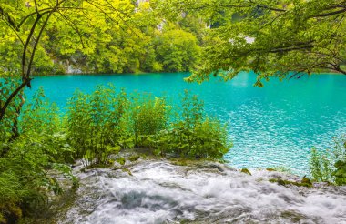 Plitvice Lakes Ulusal Parkı şelalesi Hırvatistan 'da turkuaz mavi ve yeşil sularla çevrili.