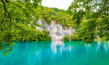 Plitvice Lakes Ulusal Parkı Hırvatistan 'da turkuaz mavi ve yeşil sularla renklendirilmiş manzara.
