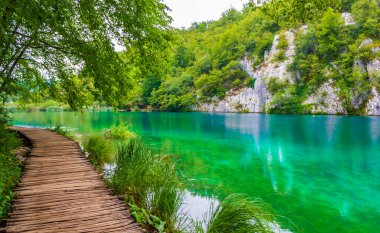 Turkuaz su üzerinde yaya köprüsü olan bir manzara. Hırvatistan 'da Plitvice Lakes Ulusal Parkı.