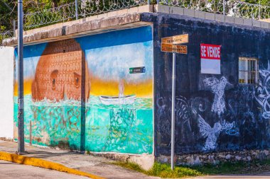 Playa del Carmen Quintana Roo Meksika 'da resim ve grafitili sanatsal duvarlar.