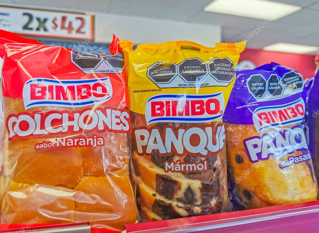 Playa del Carmen Mexico 10. April 2021 Bimbo different sweet bread packaging in the supermarket in Playa del Carmen in Mexico.