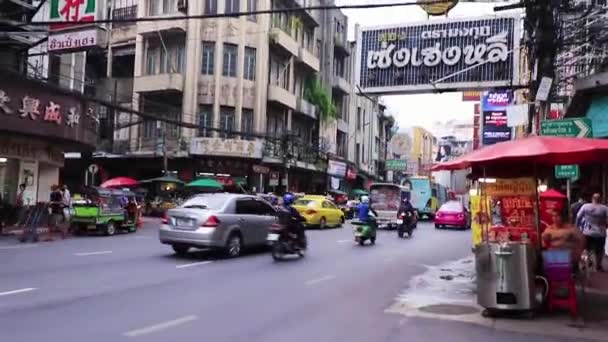 Тяжелое Движение Китайском Городе Yaowarat Road Бангкок Таиланд — стоковое видео