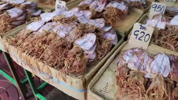 Bangkok Thailand 2018 Meeresfrüchte Trockene Tintenfische Schalentiere Thailändischen Markt China — Stockvideo
