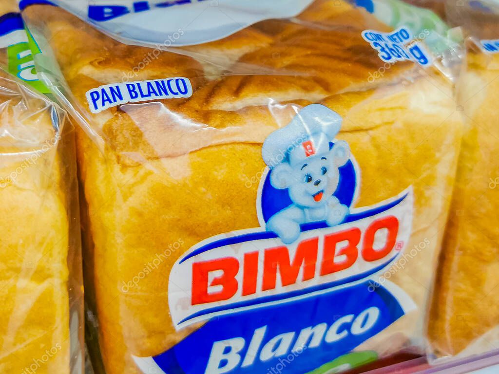 Playa del Carmen Mexico 16. April 2021 Bimbo white toast bread packaging in the supermarket.