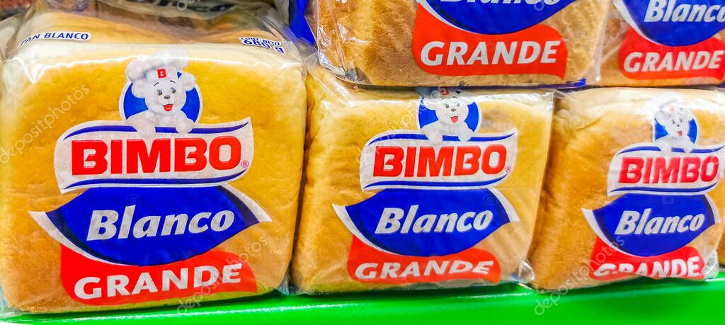 Playa del Carmen Mexico 23. April 2021 Bimbo white toast bread Blanco Grande packaging in the supermarket in Playa del Carmen Mexico.