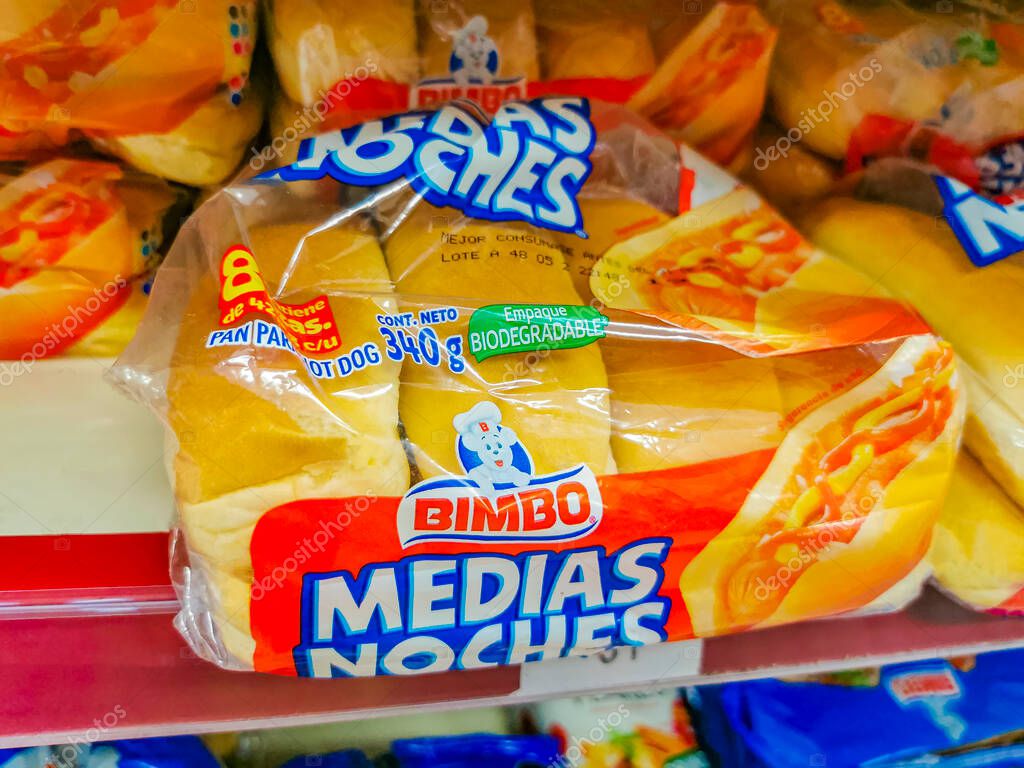 Playa del Carmen Mexico 16. April 2021 Bimbo Hot dog bread Medias Noches packaging in the supermarket in Playa del Carmen in Mexico.
