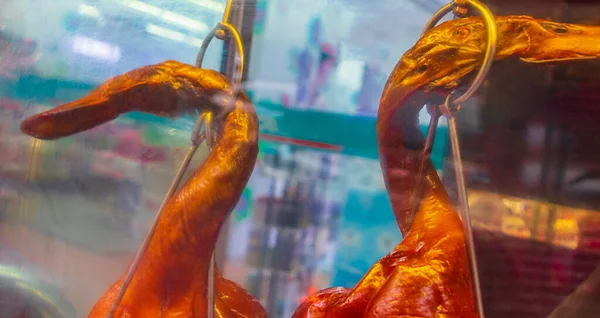 Repugnante Comida Tailandesa Desconocida Patos Pollo Detrás Ventana Mercado Alimentos — Foto de Stock