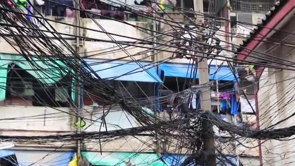 Chaos Absolu Câble Sur Poteau Électrique Thaïlandais Bangkok Thaïlande — Video