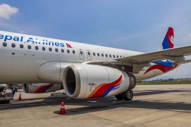 Katmandu Nepal 21. Nepal Havayolları 'ndan Mai 2018 uçağı Katmandu, Nepal' deki Tribhuvan Uluslararası Havaalanı 'nda..