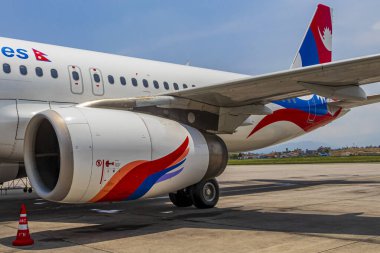 Katmandu Nepal 21. Nepal Havayolları 'ndan Mai 2018 uçağı Katmandu, Nepal' deki Tribhuvan Uluslararası Havaalanı 'nda..