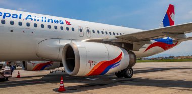 Katmandu Nepal 21. Nepal Havayolları 'ndan Mai 2018 uçağı Katmandu, Nepal' deki Tribhuvan Uluslararası Havaalanı 'nda..