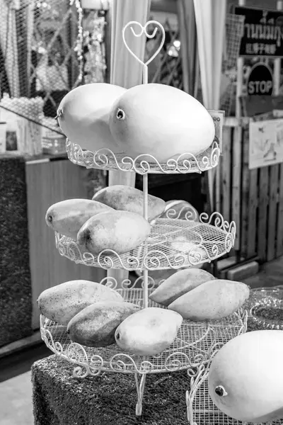 Black White Picture Mango Fresh Fruits Thai Night Market Street — Fotografia de Stock