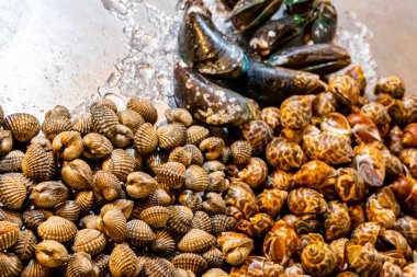 Huai Khwang Bangkok Tayland 'da deniz ürünleri istiridyeleri Tayland gece market yemekleri.