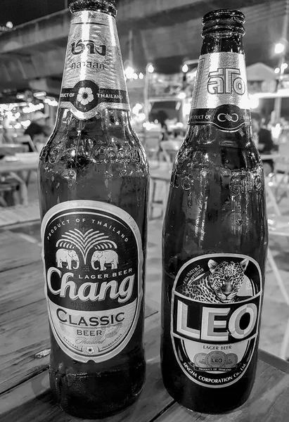 Bangkok Tailandia Mai 2018 Foto Blanco Negro Chang Leo Cerveza —  Fotos de Stock