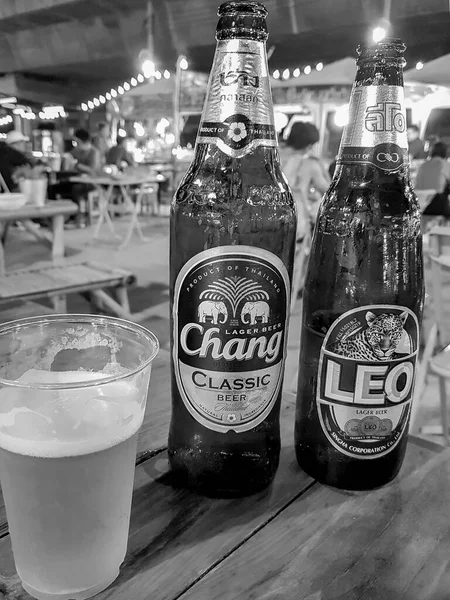 Bangkok Tailandia Mai 2018 Foto Blanco Negro Chang Leo Cerveza —  Fotos de Stock