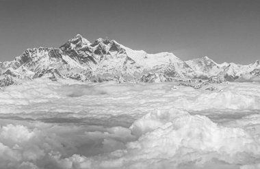 Black and white picture of Mount Everest in the Himalayas. 8848 m high. The highest mountain on earth. Seven Summits. clipart