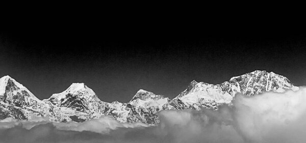 Black and white picture of Mount Everest in the Himalayas. 8848 m high. The highest mountain on earth. Seven Summits.