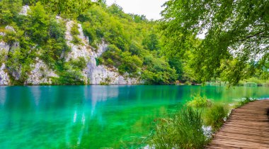 Turkuaz su üzerinde yaya köprüsü olan bir manzara. Hırvatistan 'da Plitvice Lakes Ulusal Parkı.