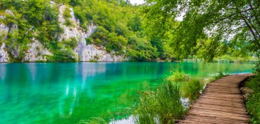 Turkuaz su üzerinde yaya köprüsü olan bir manzara. Hırvatistan 'da Plitvice Lakes Ulusal Parkı.