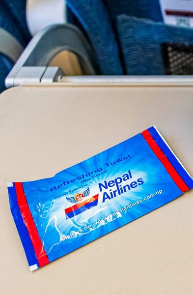 Kathmandu Nepál Mai 2018 Szalvéta Repülőgép Asztalon Nepál Airline — Stock Fotó